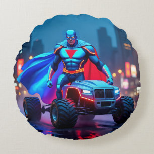Cyberpunk Monster Truck Neon Hjälte Kuddvar Rund Kudde
