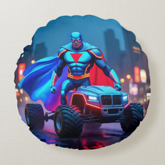 Cyberpunk Monster Truck Neon Hjälte Kuddvar Rund Kudde