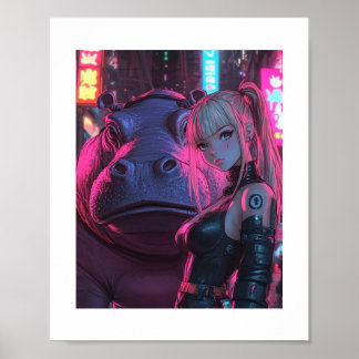 Cyberpunk Moodengcoin Waifu och Hippo Crypto Poste Poster