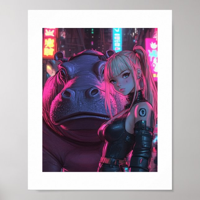 Cyberpunk Moodengcoin Waifu och Hippo Crypto Poste Poster (Framsidan)