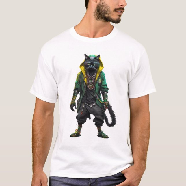 Cyberpunk Mystical Rastafarian Cat T Shirt (Framsida)