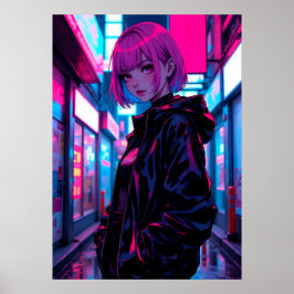 Cyberpunk Neon Anime Allé Flicka Poster