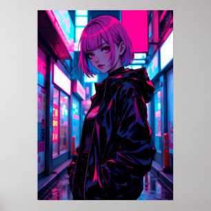 Cyberpunk Neon Anime Allé Flicka Poster
