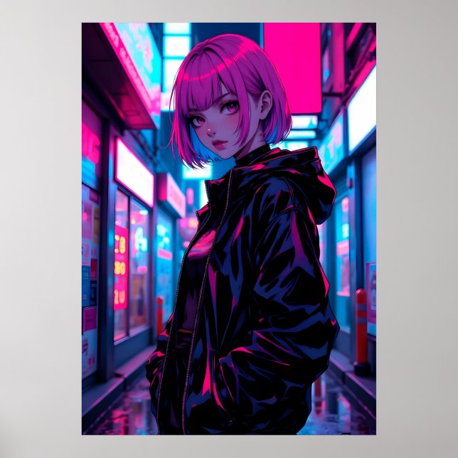 Cyberpunk Neon Anime Allé Flicka Poster (Framsidan)