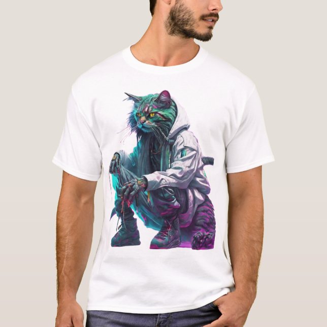 Cyberpunk Neon Cat i Urban Streetwear T Shirt (Framsida)