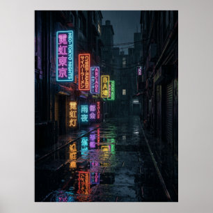 Cyberpunk Neon Gränd Regn Tokyo Poster