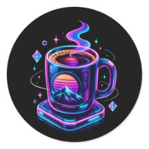 Cyberpunk Neon Kaffe Kopp Estetik Rund Klistermärk