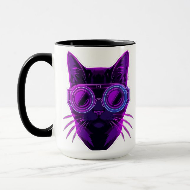 Cyberpunk Neon Katt Kaffe Mugg - Futuristisk Estet (Vänster)