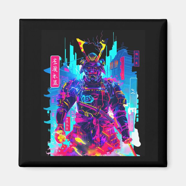 Cyberpunk neon samuraj japansk konst  magnet (Framsidan)
