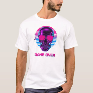 Cyberpunk Neon Skalle Game Over T-Shirt i Rosa och