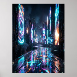 Cyberpunk Neon Stad Framtidens Gata Poster
