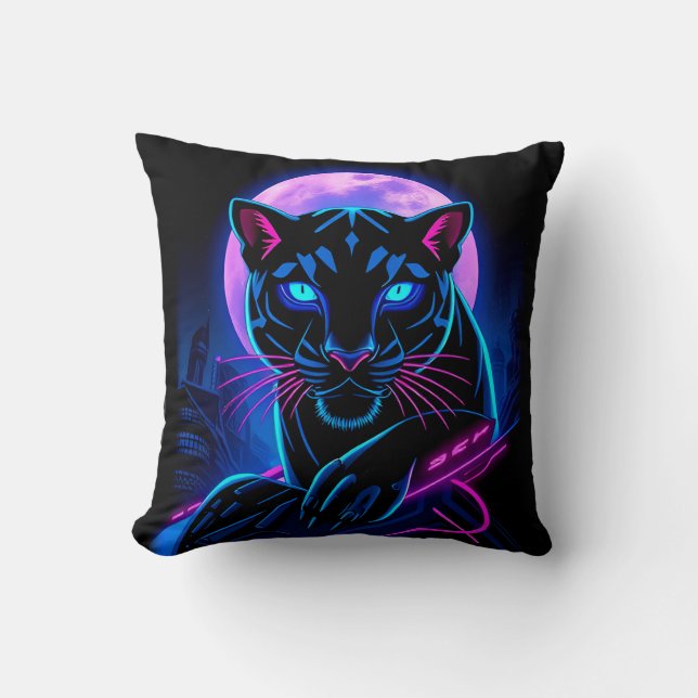 Cyberpunk Neon Svart Panter Kudde (Framsida)