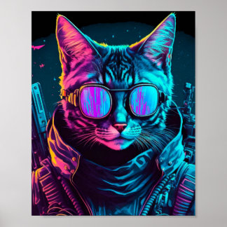 Cyberpunk neon twilight cat poster