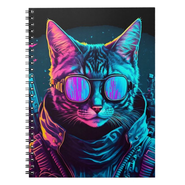 Cyberpunk neon twilight cat-soldat svart anteckningsbok (Framsidan)