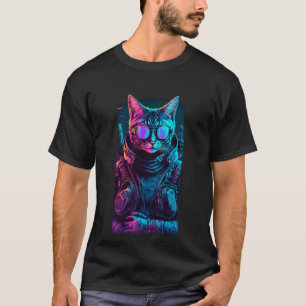 Cyberpunk neon twilight cat-soldat svart t shirt