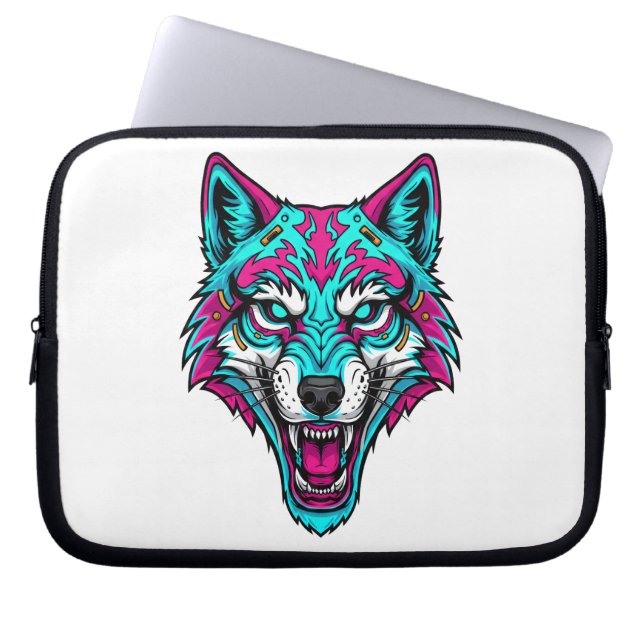 Cyberpunk Neon Varg - Synthwave Robotdjur Laptop Fodral (Framsidan)