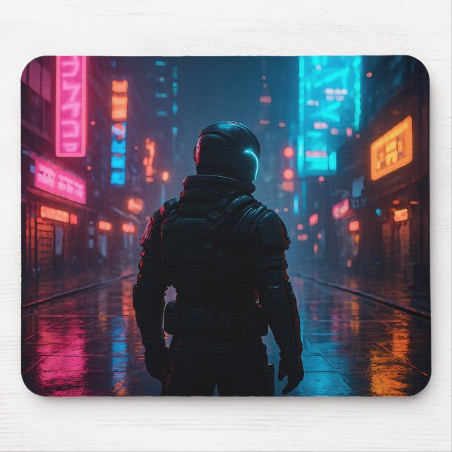 Cyberpunk Neon Warrior Mousepad - Futuristiska Sci Musmatta (Framsidan)