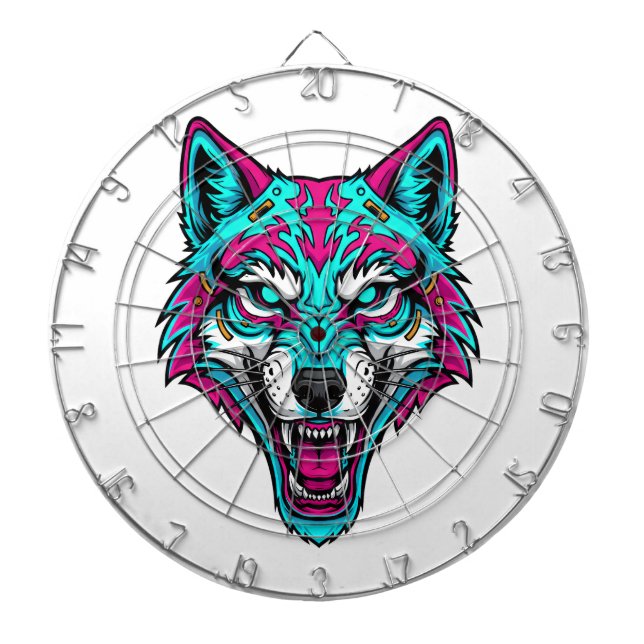 Cyberpunk Neon Wolf - Synthwave Robotic Animal Darttavla (Framsidan)