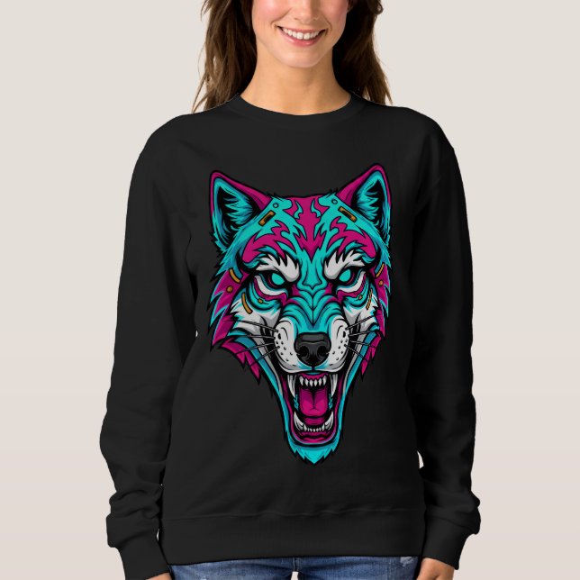 Cyberpunk Neon Wolf - Synthwave Robotic Animal T Shirt (Framsida)