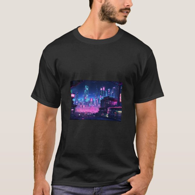 Cyberpunk Night City Rooftop T Shirt (Framsida)