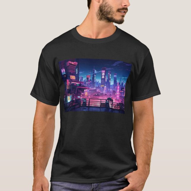 Cyberpunk Night City Rooftop T Shirt (Framsida)