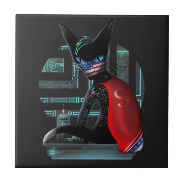 Cyberpunk Ninja Black Cat Kakelplatta (Framsidan)