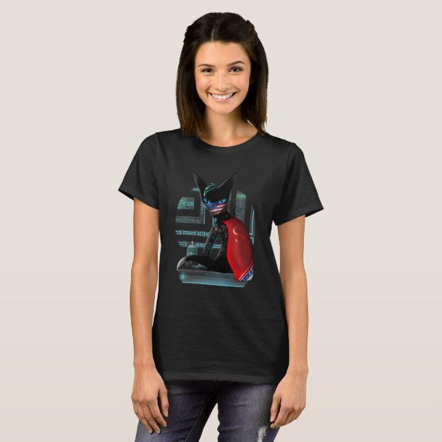 Cyberpunk Ninja Black Cat Tee Shirt (Hel framsida)