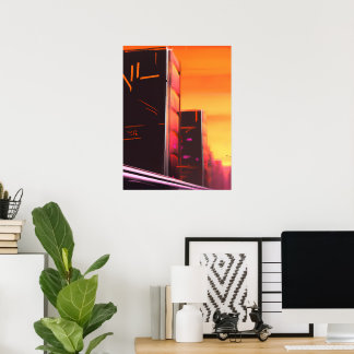 Cyberpunk orange City AI art poster