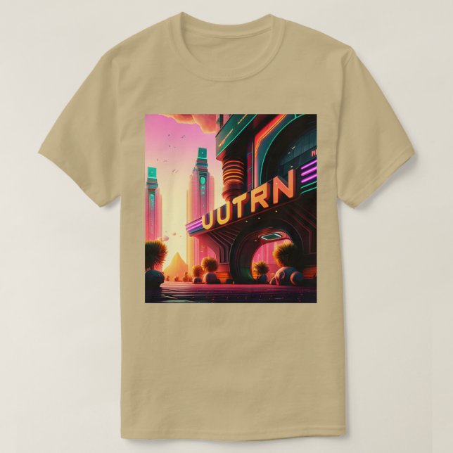 Cyberpunk Outrun City Futuristiska AI Generated Ar T Shirt (Design framsida)