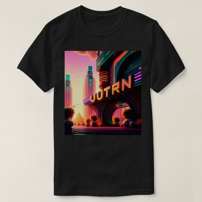Cyberpunk Outrun City Futuristiska AI Generated Ar T Shirt (Design framsida)