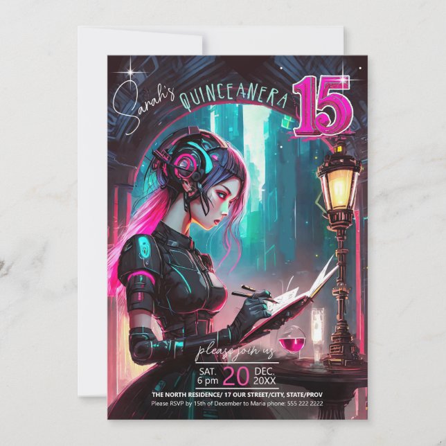 Cyberpunk Quinceanera Shock rosa/Teal ID1027 Inbjudningar (Framsida)