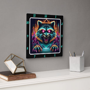 Cyberpunk Raccoon Glowing Night Fyrkantig Klocka