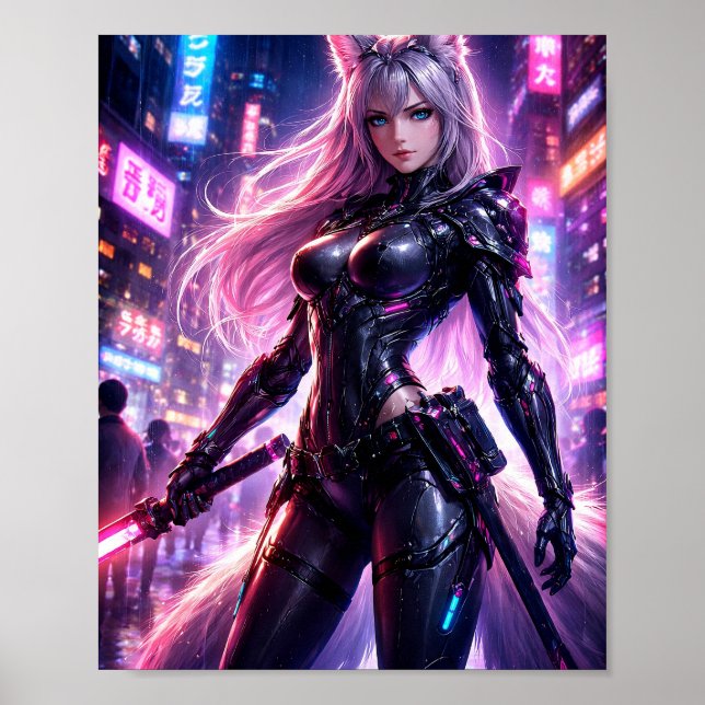 Cyberpunk Rävarinkare Neonstadsaffisch Poster (Framsidan)