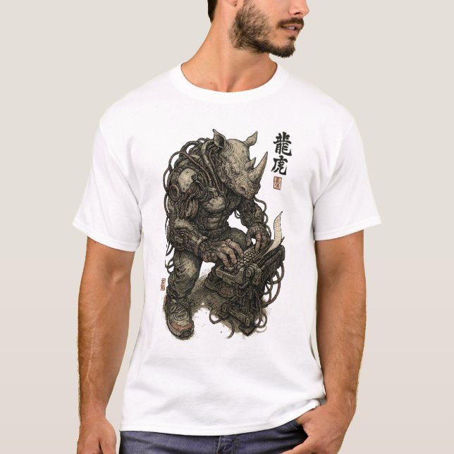 Cyberpunk Rhino Berserker - Mutant Warrior T Shirt (Framsida)