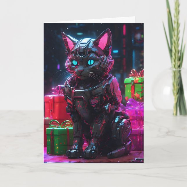Cyberpunk Robot Cat-jul Helgkort (Framsida)