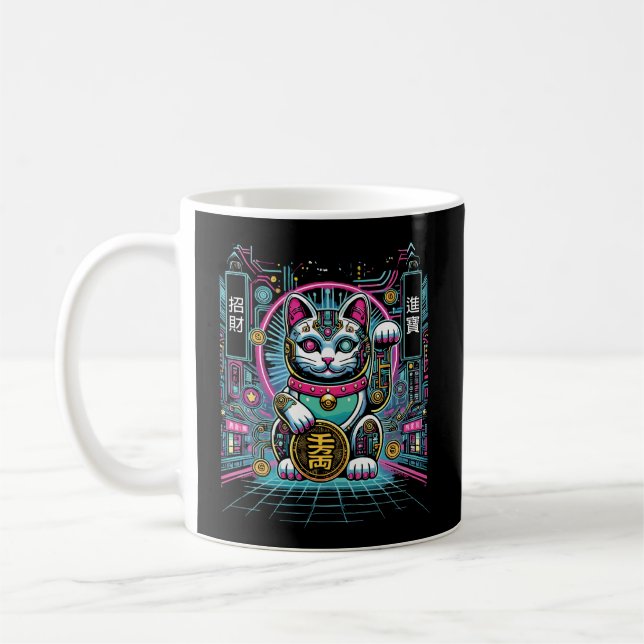 Cyberpunk Robot Maneki Neko Lucky Cat, Money Kaffemugg (Vänster)