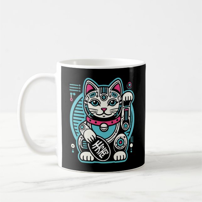 Cyberpunk Robot Maneki Neko Lucky Cat, Money Kaffemugg (Vänster)