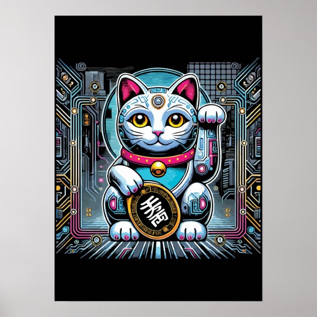 Cyberpunk Robot Maneki Neko Lucky Cat, Money Poster (Framsidan)