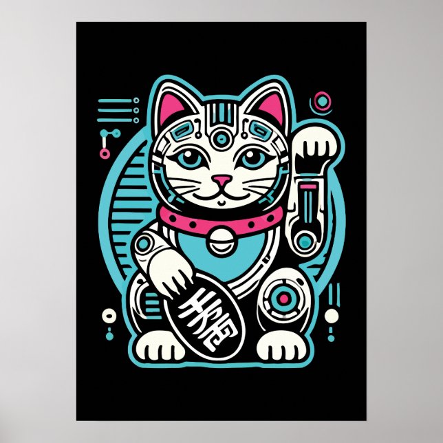 Cyberpunk Robot Maneki Neko Lucky Cat, Money Poster (Framsidan)