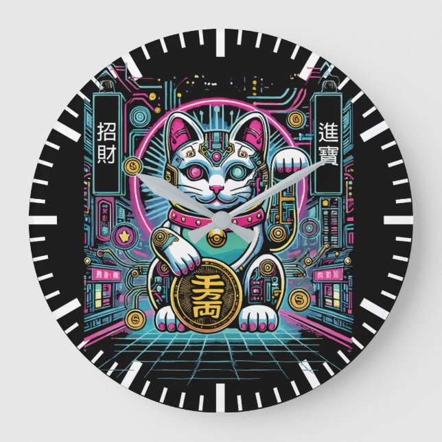 Cyberpunk Robot Maneki Neko Lucky Cat, Money Stor Klocka (Framsida)