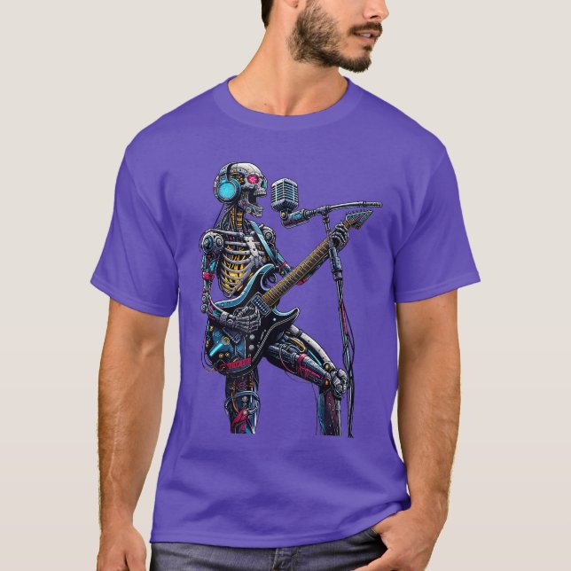 Cyberpunk Robotic Skeleton Electric Guitar Music S T Shirt (Framsida)