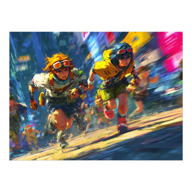 Cyberpunk Runners Sprint Neon Rain City Action Art Fototryck (Framsidan)