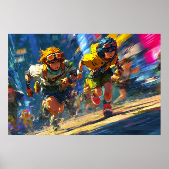 Cyberpunk Runners Sprint Neon Rain City Action Art Poster (Framsidan)