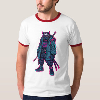 Cyberpunk Samurai Cat Neon Anime Art T Shirt