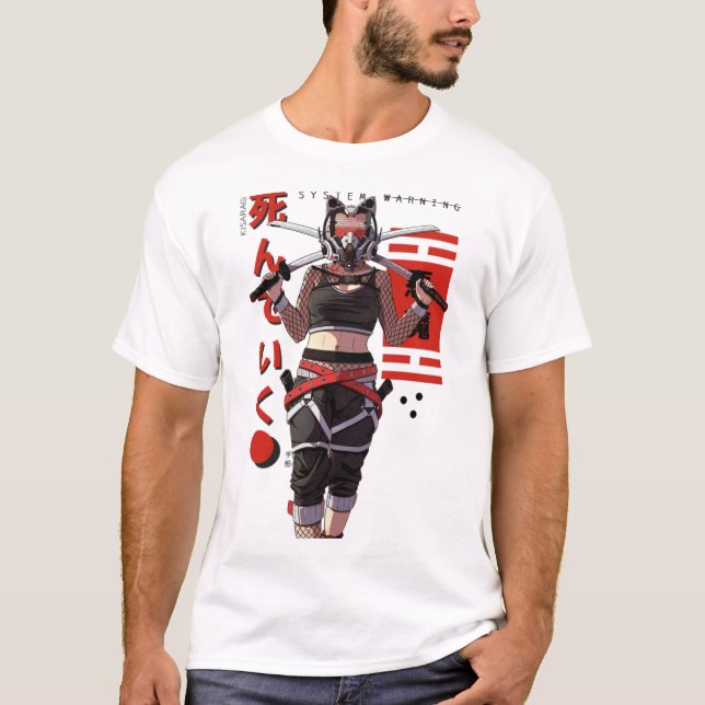 Cyberpunk Samurai Girl Fox Mask  T Shirt (Framsida)