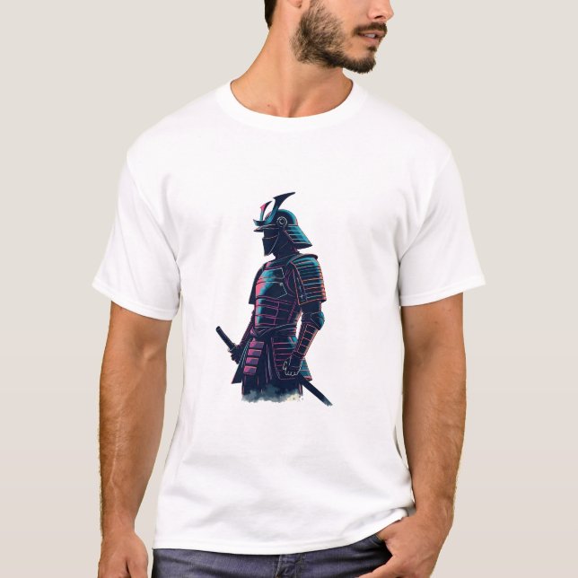 Cyberpunk Samurai Robot Overlook Neon-Lit Futur T Shirt (Framsida)