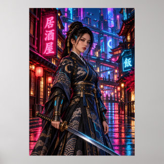 Cyberpunk Samurai Woman Japanese Neon Wall Art Poster