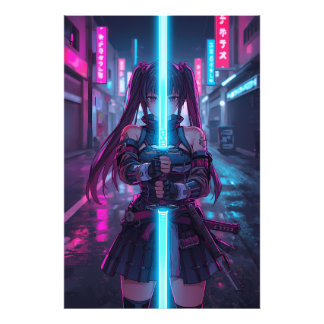 Cyberpunk Samuraj Flickor Neon Katana Anime Fototryck