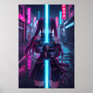 Cyberpunk Samuraj Flickor Neon Katana Anime Poster