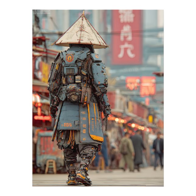 Cyberpunk Samuraj Mecha Konisk Hatt Fototryck (Framsidan)